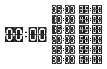 Naklejka premium Countdown clock counter timer. Vector icon on white background. Collection of mechanical flip countdown numbers.Timer, scoreboard. Flip board with black numbers in retro style. Vector illustration