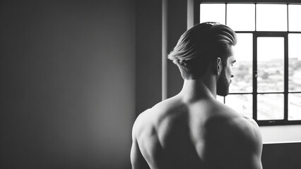 Shirtless man standing by the window in black and white