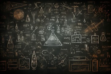 Black chalkboard inscribed with scientific formulas
