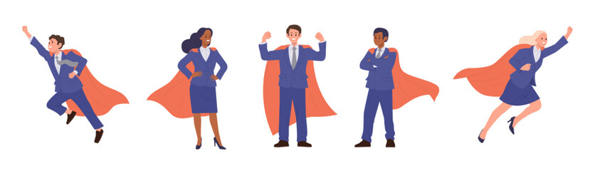 Fototapeta na wymiar Isolated set of business people superhero cartoon characters wearing red capes on white background