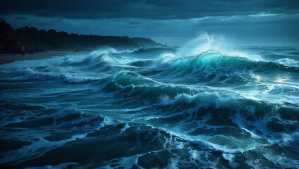 The luminous blue ocean waves from small microorganisms make a natural blue neon light at night