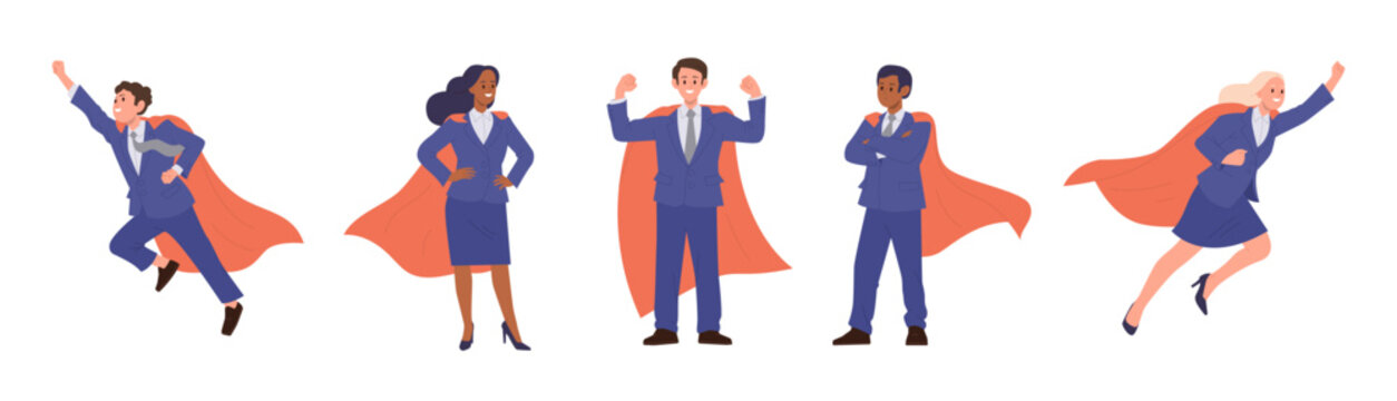 Isolated set of business people superhero cartoon characters wearing red capes on white background