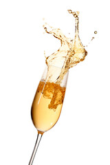 Splashes of champagne from a glass of celebration sparkling wine - obrazy, fototapety, plakaty