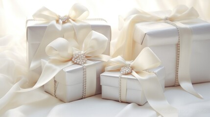 Luxury Jewelry gift boxes on white pastel background. White Gift box with diamonds and pearls. Wedding, valentines, romantic web banner.