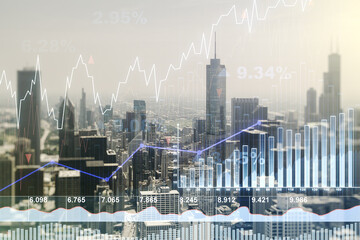 Multi exposure of virtual abstract financial graph interface on Chicago cityscape background,...