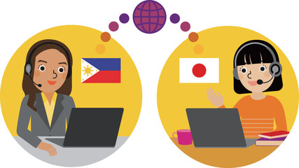 オンラインで日本人女子生徒とフィリピン人女性講師が会話をしているイラスト