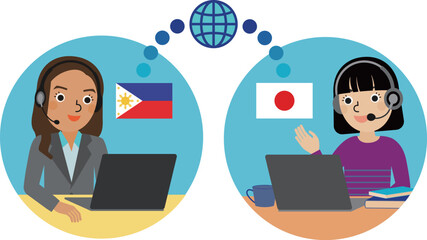 オンラインで日本人女子生徒とフィリピン人女性講師が会話をしているイラスト