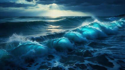 The luminous blue ocean waves from small microorganisms make a natural blue neon light at night