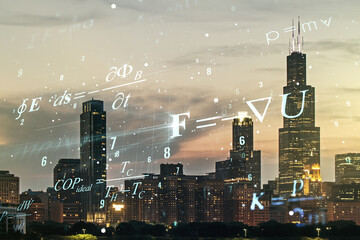 Abstract scientific formula hologram on Chicago skyline background. Multiexposure