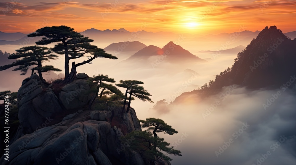 Poster a painting of a tree on top of a mountain with fog in the air and a setting sun in the sky above the