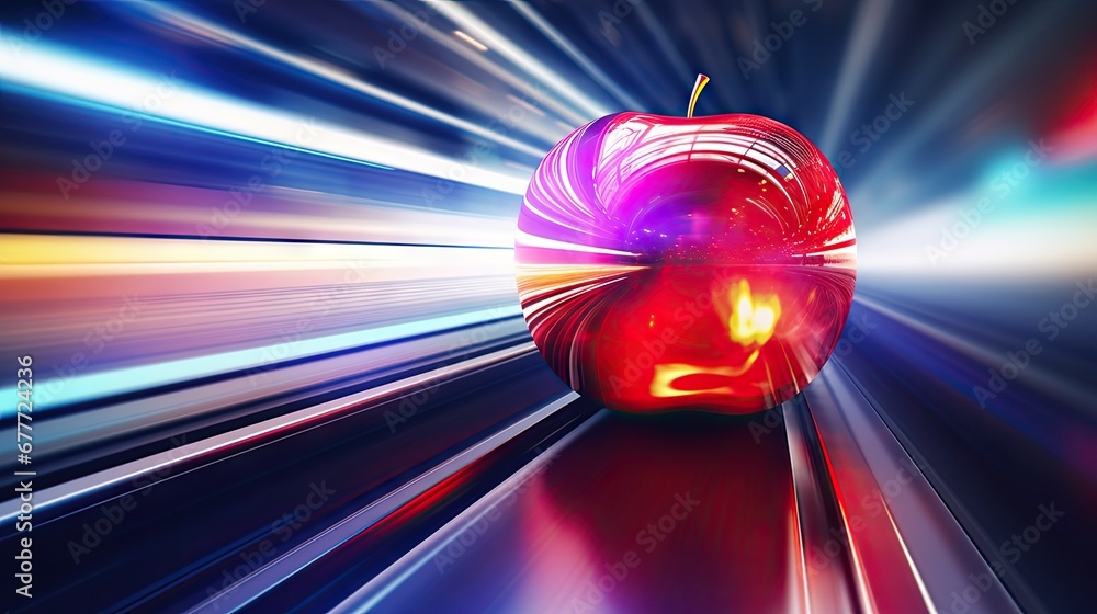 Poster a close up of a red apple with a blurry image of a person's face in the middle of the image and a bl