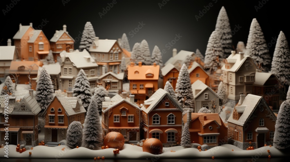 Aufkleber a close up of a group of houses with snow on the roof and trees in the foreground and on the far sid