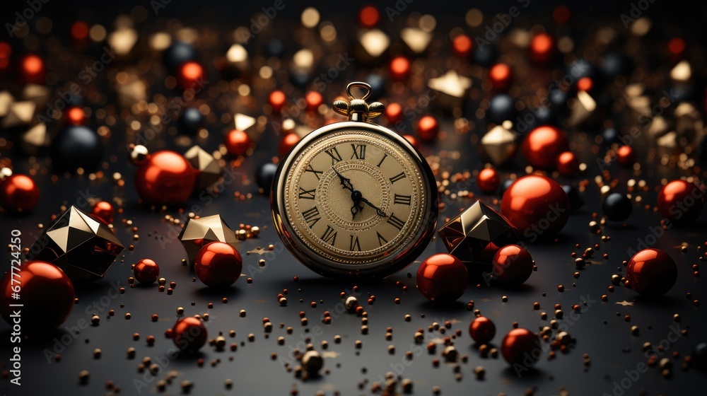 Poster a close up of a clock surrounded by red and black balls and confetti on a black surface with gold an