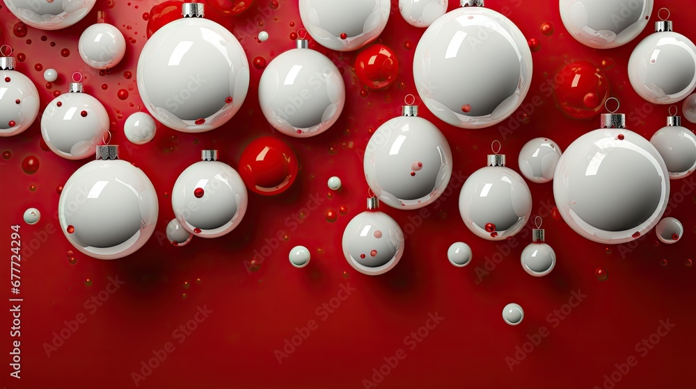 Poster a bunch of white and red ornaments hanging on a red wall with water droplets on them and bubbles on 