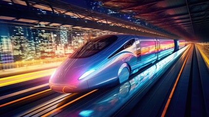  a high speed bullet train traveling through a city at night with bright lights on the side of the train and in the foreground is a cityscape with skyscrapers in the background.  generative ai