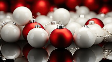  a group of red and white ornaments sitting on top of a reflective surface in front of a red and white christmas ornament on a black and white background.  generative ai