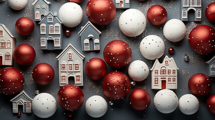  a group of red and white ornaments sitting next to each other on a black surface with white houses and red and white baubs on the top of them.  generative ai