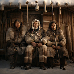 people wearing eskimo clothes in front of wooden hut in heavy snow storm - obrazy, fototapety, plakaty