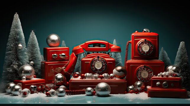  a group of red telephones sitting next to each other in front of a christmas display of silver and silver balls and ornaments on a table top of snow covered with trees.  generative ai