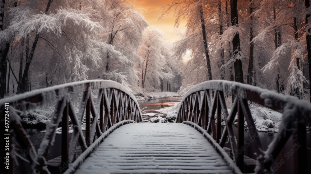 Poster a bridge in the middle of a forest with snow on the ground and trees on either side of the bridge an