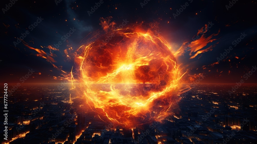 Aufkleber a fireball in the middle of a city with buildings in the background and a fireball in the middle of 