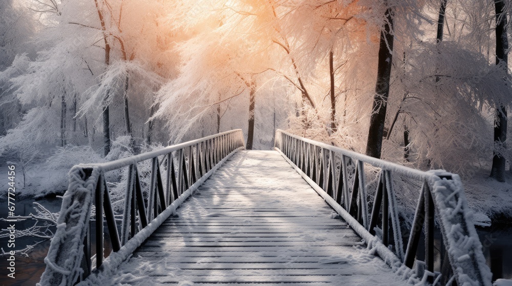 Poster a bridge in the middle of a snowy forest with snow on the ground and trees on either side of the bri