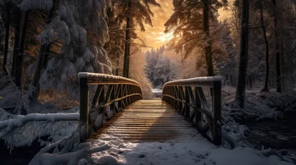 Poster  a wooden bridge in the middle of a forest with snow on the ground and trees on either side of the bridge and the sun shining through the trees on the other side of the bridge.  generative ai © Nadia