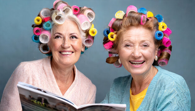 Two funny ladies at the hairdresser let themselves make a permanent wave