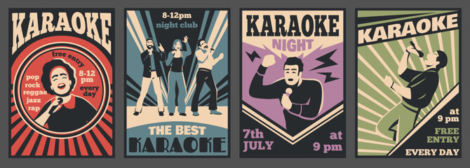 Karaoke club cards. Retro design, invitation promo poster, talents singers bar, vocal music party, guys and girls with microphones, vintage cartoon flat style isolated tidy vector set