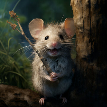 Cute little mouse with a branch in his hand on a tree