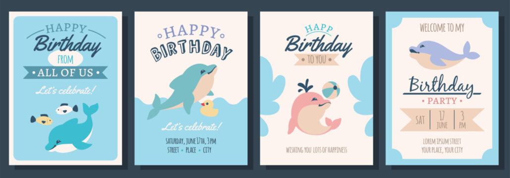 Kids birthday cards with cute dolphins. Childish holiday invitational greeting banners, funny cute marine animals, underwater nature, cartoon flat isolated fish illustration, tidy vector set