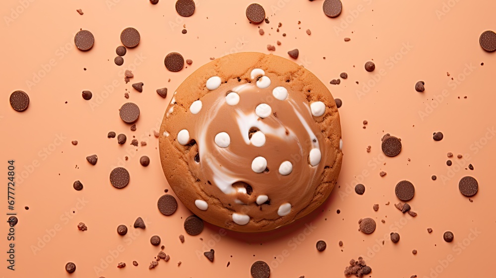 Poster a cookie with chocolate chips and marshmallows on a pink background with chocolate chips scattered a