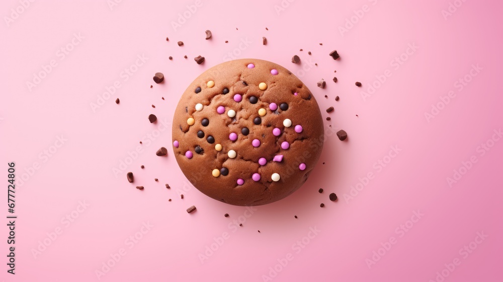 Poster a chocolate doughnut with sprinkles and chocolate chips on a pink background with a bite taken out o
