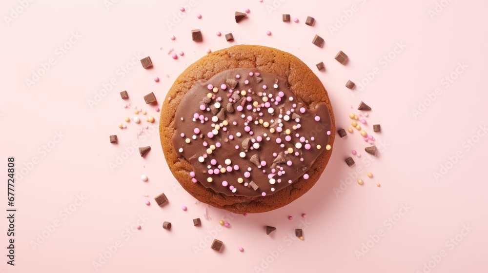 Poster a cookie with chocolate frosting and sprinkles on a pink background with pink and white sprinkles on