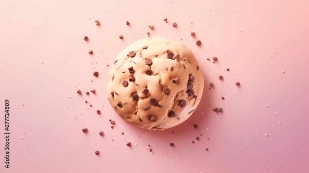 Poster a chocolate chip cookie with sprinkles on a pink and pink background with copy - space in the middle