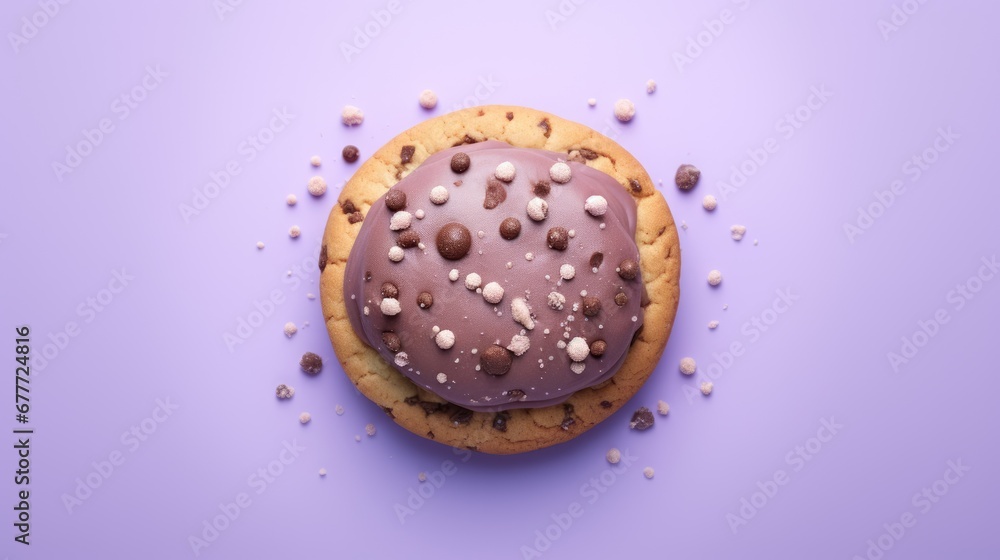 Poster a cookie with chocolate frosting and sprinkles on a purple background with white and brown sprinkles