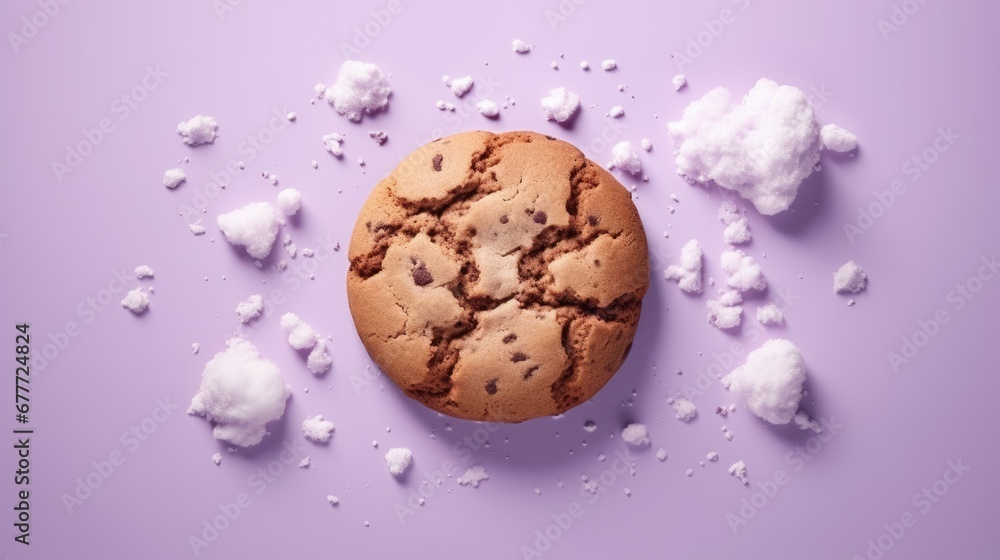 Poster a cookie with a bite taken out of it sitting on a purple surface with white sugar scattered around i