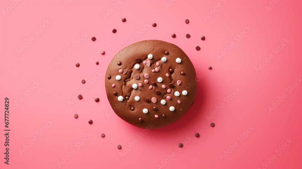 Poster a chocolate doughnut with white and pink sprinkles on a pink background with a hole in the middle of