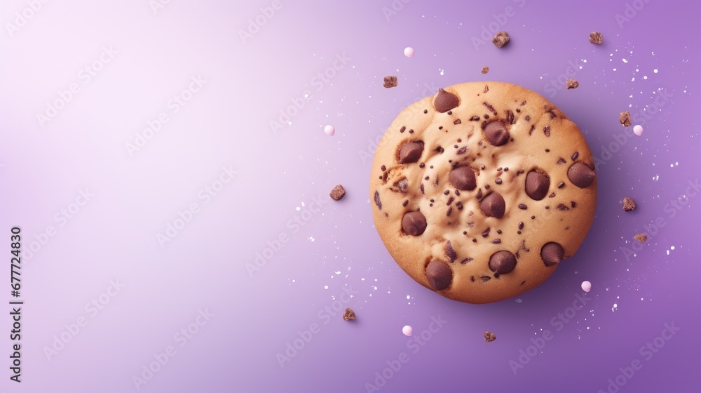 Poster a cookie with chocolate chips and sprinkles on a purple and purple background with a splash of sugar