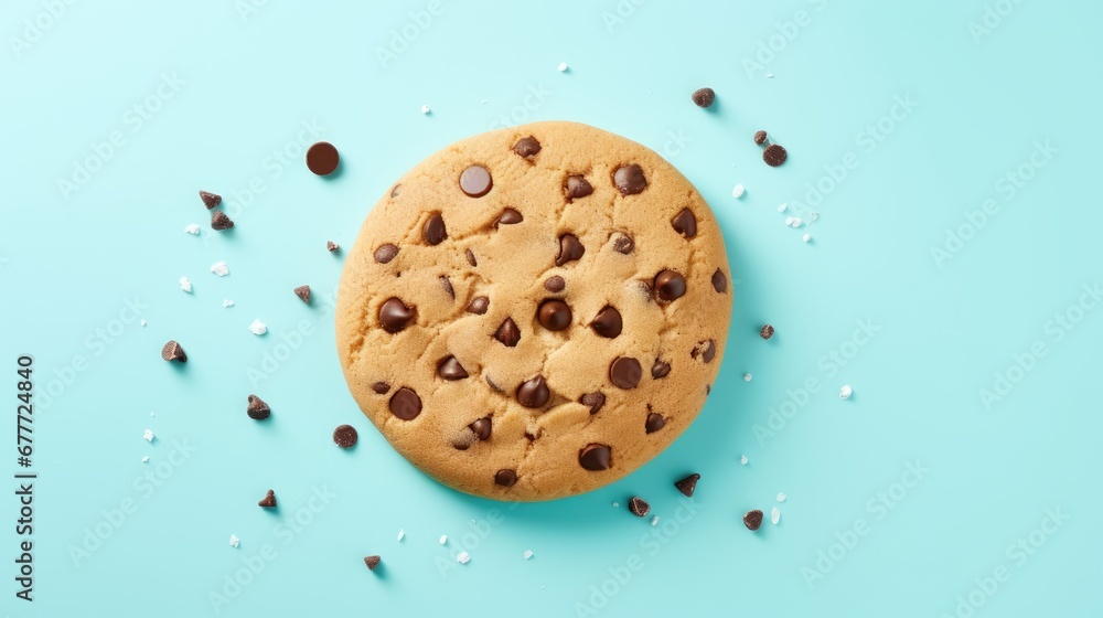 Poster a chocolate chip cookie on a blue background with chocolate chips scattered around it and a bite tak