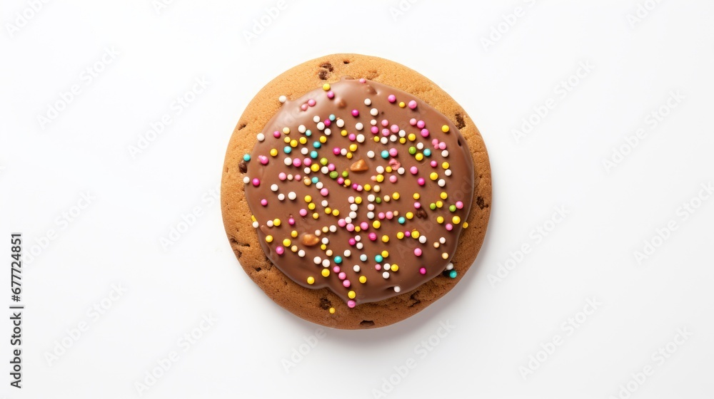 Poster a cookie with chocolate frosting and sprinkles on a white background with a bite taken out of one of
