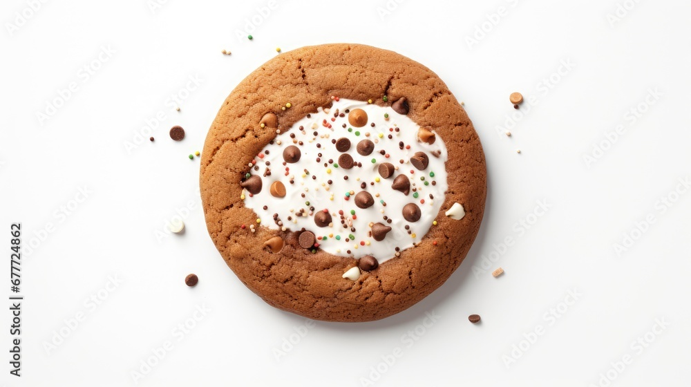 Poster a chocolate cookie with white frosting and sprinkles on a white surface with sprinkles scattered aro