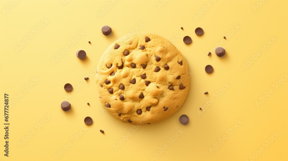 Poster a chocolate chip cookie on a yellow background with chocolate chips scattered around the cookie and 