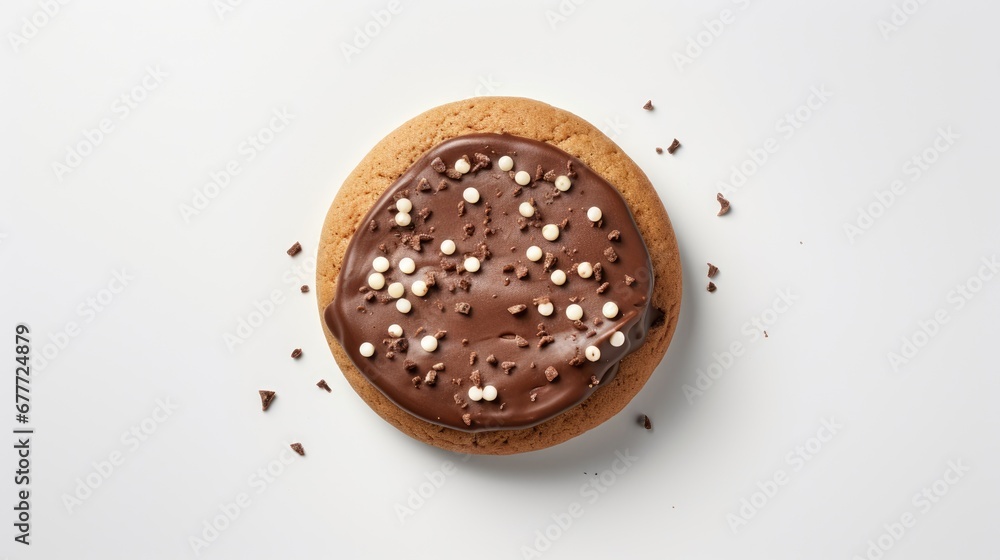 Poster a cookie with chocolate frosting and white sprinkles on a white surface with a bite taken out of one