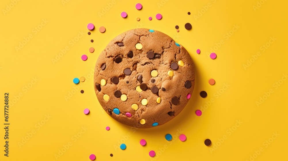 Aufkleber a chocolate chip cookie with sprinkles and chocolate chips on a yellow background with colorful conf