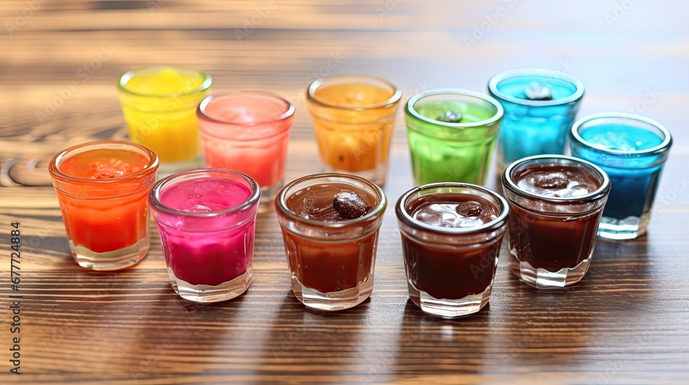 Poster a group of different colored shots sitting on top of a wooden table next to each other on a wooden t