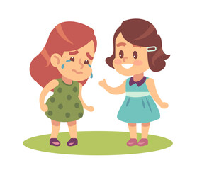 Little girl comforts her crying friend. Unhappy sad child, people empathy, help and support. Schoolgirl friendship. Children emotions and behavior. Cartoon flat isolated vector concept