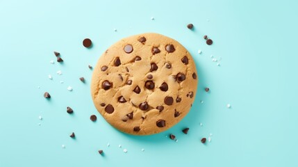  a chocolate chip cookie on a blue background with chocolate chips scattered around it and a bite taken out of one of the cookies is on the side of the cookie.  generative ai
