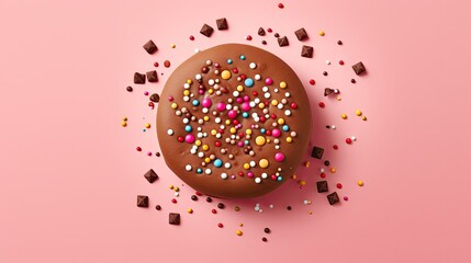  a chocolate donut with sprinkles and chocolate squares on a pink background with confetti sprinkles on the top of the donut.  generative ai