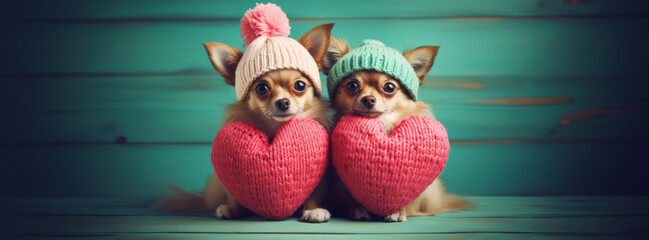 Two Chihuahua puppies in cute knitted clothes. Blank greeting card.